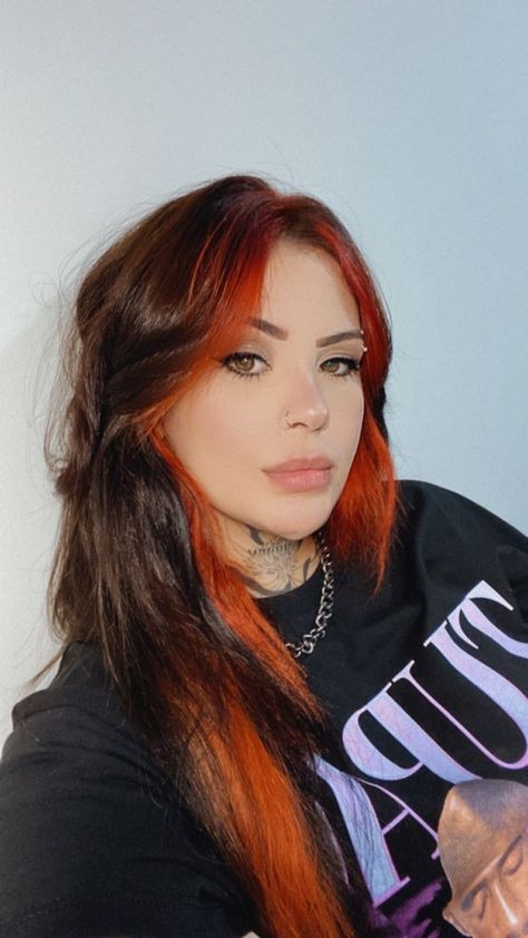 Hair 2023 Fall Trends, Orange Money Piece Hair Brunette, Black Hair Copper Money Piece, Fall 2023 Makeup, Black Hair Orange Highlights, 2023 Fall Hair Trends, Brown And Orange Hair, Fall 2023 Hair Color Trends, Orange Black Hair