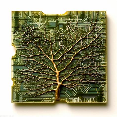 Circuit Boards grown from Nature | Poster | Science Fiction Art | technology art | Cyberpunk Art | gift for engineers | gifts for geeks | gift for nerds | gift for scientists Introducing more stunning digital art featuring a circuit board design with delicate copper leaf veins in relief. This unique piece is the perfect gift for every tech freak, geek or nerd. Museum-quality posters made on thick matte paper. Add a wonderful accent to your room and office with these posters that are sure to brig Nature Technology Aesthetic, Nature Technology Art, Circuit Board Design Art, Nature And Technology Art, Circuit Sculpture, Circuitry Art, Science Room Decor, Circuit Board Art, Circuit Art