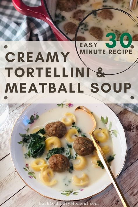 Creamy Tortellini, Kale, and Meatball soup is an easy and delicious soup that is quick to prepare and have on the table in 30 minutes or less, making it a great weeknight meal! It’s a hearty soup that makes a complete meal that your whole family will love. Cheese tortellini, superfood kale, and pre-cooked meatballs come together in this delicious soup that is a great go-to crowd-pleasing recipe. Let’s get cooking! Tortellini Meatball, Meatball Tortellini Soup, Creamy Tortellini, Creamy Soup Recipes, Meatball Soup, Kale Soup, Hearty Soup, Crowd Pleasing Recipes, Delicious Soup Recipes