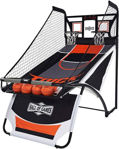 Premium basketball game with LED scoring, polycarbonite backboard and steel frame for maximum durablity. Integrated oversized LED scoring display with 8 great game options and arcade sound effects. 44mm diameter steel tubes with sand coating and heavy duty 600D oxford cloth ball return channel. Foldable design for easy storage. Indoor Arcade, Basketball Arcade, Basketball Arcade Games, Basement Games, Retro Arcade Games, Sports Hall, Game Room Basement, Indoor Basketball, Game Room Family