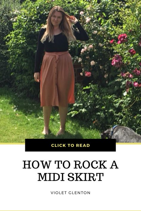 How to rock a midi skirt is written under a photo of Violet in a garden wearing a peach midi skirt and black top Plus Size A Line Skirt, Plus Size Wardrobe, Plus Size Outfit Ideas, Peach Skirt, British Summer, Holiday Style, Rock A, Beach Holiday, Holiday Fashion