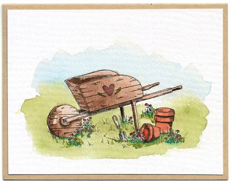 Wheelbarrow Wheel Barrow Drawing, Wheelbarrow Drawing, Cricket Cards, Barrel Flowers, Wooden Wheelbarrow, Wheelbarrow Planter, March Challenge, Wheelbarrows, Watercolor Birthday Cards