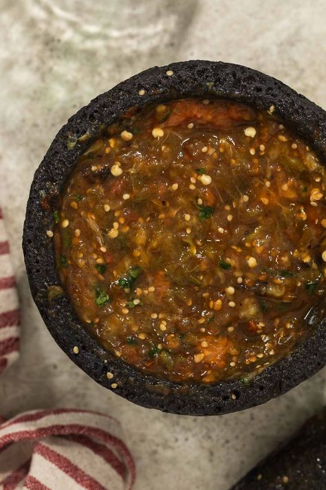 Molcajete salsa | Espresso My Kitchen Molcajete Salsa Recipe, Salsa Molcajete, Molcajete Salsa, Homemade Chunky Salsa, Blender Salsa, Taquitos Beef, Roasted Tomatillo Salsa, Mexican Salsa Recipes, Habanero Salsa