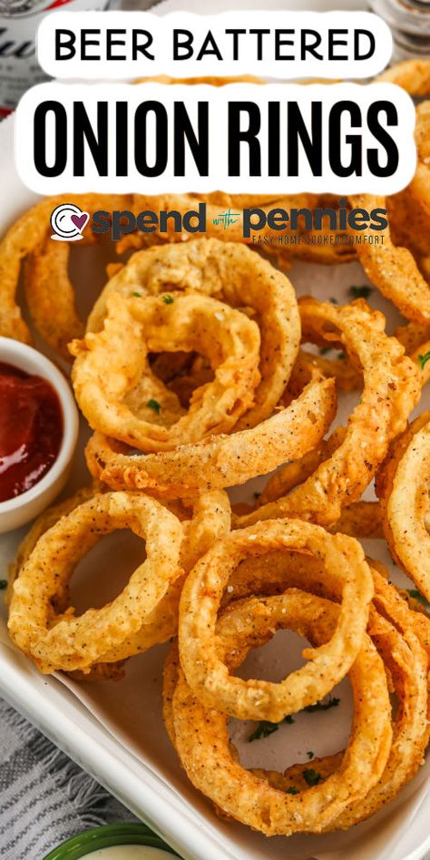 These beer-battered onion rings are so crispy and flavorful. It isn't hard to make homemade onion rings like those that are served at the local restaurant or pub.  A little cornstarch, flour, spices, beer, and onions are all that are needed to make these homemade round creations. #beerbatteredonionrings #bestbeerbatteredonionrings #easybeerbatteredonionrings #spendwithpennies Battered Onion Rings, Baked Onion Rings, Homemade Onion Rings, Beer Battered Onion Rings, Onion Rings Recipe, Baked Onions, Homemade Dips, Homemade Beer, Beer Battered