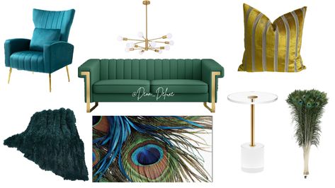 Peacock inspired living room design Peacock Inspired Living Room, Peacock Theme Decoration Home Decor, Peacock Couch, Peacock Feather Interior Home Decor, Peacock Armchair, Peacock Theme, Interior Design Presentation, Living Room Design Inspiration, Inspired Living