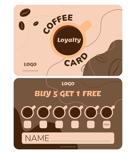 Vector loyalty card template. Vip card for coffee shop customers. Every 6 cups of coffee for free. Card in brown tones with an illustration of a cup and a coffee bean. Loyalty Card Coffee, Vip Card Design, Coffee Shop Business Card, Cup Illustration, Loyalty Card Template, Instagram Username Ideas, Coffee Shop Logo, Vip Card, Cups Of Coffee