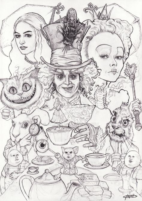 Women Arm Sleeve Tattoo Ideas Unique, Alice In Wonderland Characters Drawing, Alice In Wonderland Tattoo Sleeve, Alice In Wonderland Drawing, Tim Burton Tattoo, Alice And Wonderland Tattoos, Alice In Wonderland Artwork, Alice In Wonderland Drawings, Alice In Wonderland Illustrations