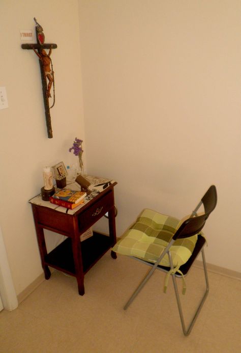 This is simple little prayer corner - the crucifix is over 100 years old, and there is a Bible, Liturgy of the Hour, rosary, an icon of our Blessed Mother, and a candle. Levi Sitting, To Him, Home Altar Catholic, Family Altar, Prayer Room Ideas, Catholic Altar, Prayer Closet, Wiccan Decor, Catholic Decor