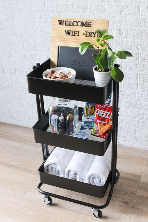 Styling a Rolling Cart in 3 Different Ways - Interior ,  #Cart #interior #Rolling #Styling #Ways Check more at https://woodworck.site/2019/08/06/styling-a-rolling-cart-in-3-different-ways-interior/ Raskog Ikea, Guest Room Essentials, Guest Room Design, Diy Playbook, Guest Bedroom Decor, Office Guest Room, Guest Room Office, Guest Room Decor, Rolling Cart