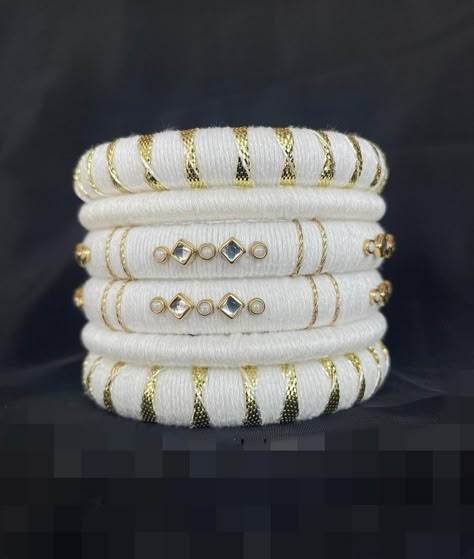 #kundan#bangles#white#golden#set#follow#followformore#bangles#love Swati Verma, Silk Thread Jhumkas, Diy Bangles, Fancy Bangles, Tribe Jewelry, Fabric Bangles, Jali Design, Silk Thread Bangles Design, Silk Bangles