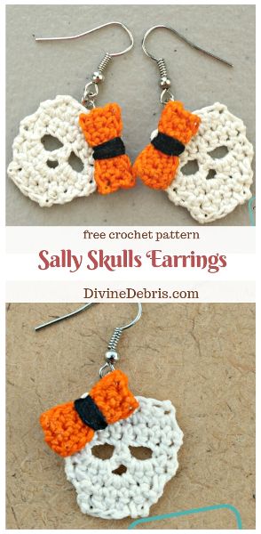 Sally Skulls Earrings free crochet pattern by DivineDebris.com Crochet Halloween Earrings, Crochet Skull Patterns, Crochet Thread Size 10, Crochet Holiday, Crochet Skull, Crochet Jewellery, Crochet Halloween, Crochet Jewelry Patterns, Crochet Earrings Pattern