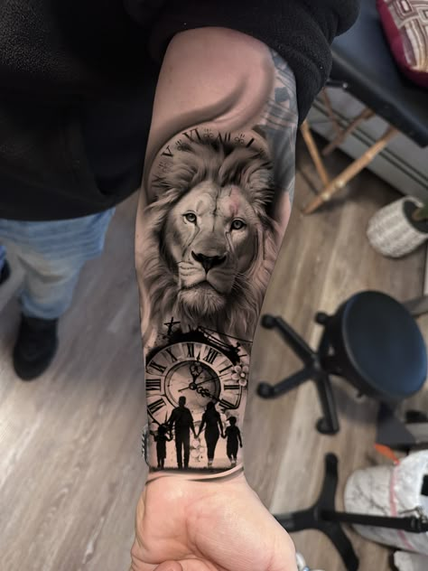 Forearm Tattoo Men Sleeve Family, Father Son Lion Tattoo, Half Sleeve Tattoos For Men Meaningful, Lions Family Tattoo, Mens Family Tattoos, Lion Family Tattoos For Men, Lion Family Tattoo, Family Sleeve Tattoo, Family Tattoos For Men