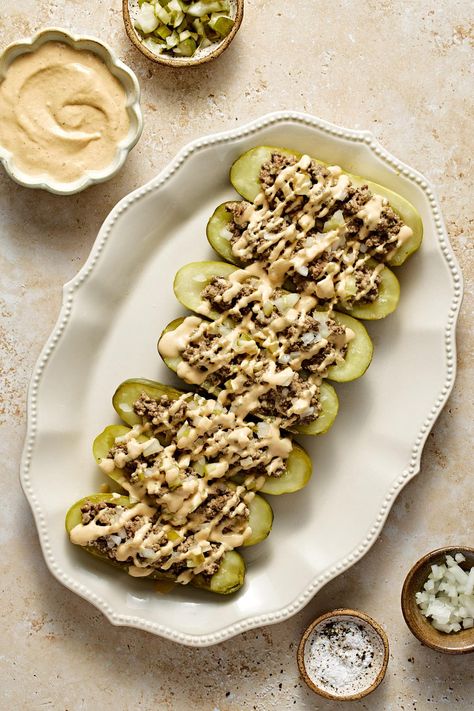 My Low-Carb Big Mac Stuffed Pickle Boats offer all the flavors of a Big Mac without the carbs! These crunchy dill pickles are filled with savory beef, onions, and a high-protein special sauce, making them a perfect keto-friendly snack or quick meal. These are gluten-free and can be tailored to be dairy-free. Big Mac Pickle Boats, Stuffed Pickles, Crunchy Dill Pickles, Pickled Meat, Mac Salad Recipe, Big Mac Sauce Recipe, Mac Sauce Recipe, Cookout Side Dishes, Dairy Free Yogurt