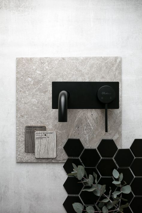 Black Bathroom Moodboard, Bathroom Flatlay, Dark Bathroom Mood Board, Black Bathroom Fittings Interior Design, Dark Terrazzo Bathroom, Bathroom Moodboard, Black Hexagonal Tiles Bathroom, Dark Grey Terrazzo Bathroom, Laundry Solutions