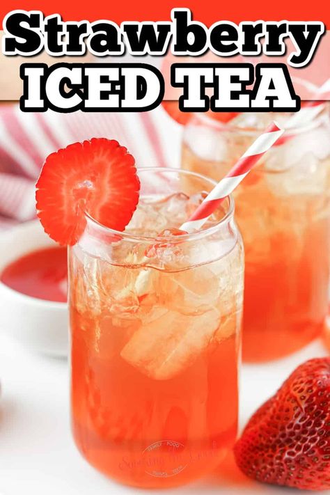 Strawberry iced tea is the quintessential Southern drink for Summer. Sweet iced tea gets a fresh new twist in this strawberry sweet tea recipe bursting with juicy berry flavor. This sweet sipper is just what you need to keep cool on a hot summer day. It comes together in a snap, with only 10 minutes of prep time needed. Southern strawberry tea combines strawberry syrup, simple syrup, sweet tea and fresh strawberries for an easy strawberry iced tea. A must-try summer drink! Strawberry Iced Tea, Popular Drink Recipes, Flavored Teas, Strawberry Simple Syrup, Sweet Tea Recipes, Iced Tea Recipe, Chai Tea Recipe, Southern Sweet Tea, Strawberry Drinks