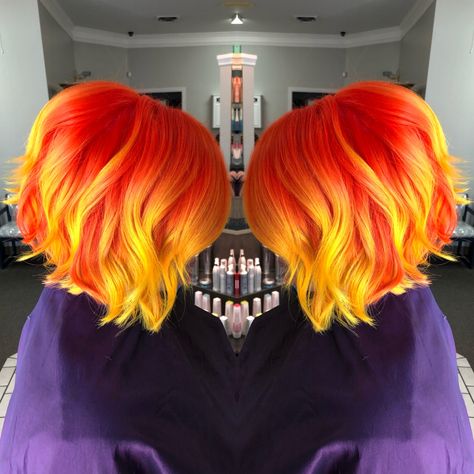 This fiery orange to bold yellow balayage gives me life. #pulpriotisthepaint #vividhair #vivalavivids #orangehair #yellowhair #balayage #thatblendtho #aperfectimagesalon #nofilter Red Orange Yellow Hair Short, Red To Yellow Hair, Orange Roots Purple Hair, Fall Color Pixie Hair, Red And Yellow Hair Color, Red To Yellow Ombre Hair, Yellow Orange Hair Color, Fire Hair Short, Fire Colored Hair