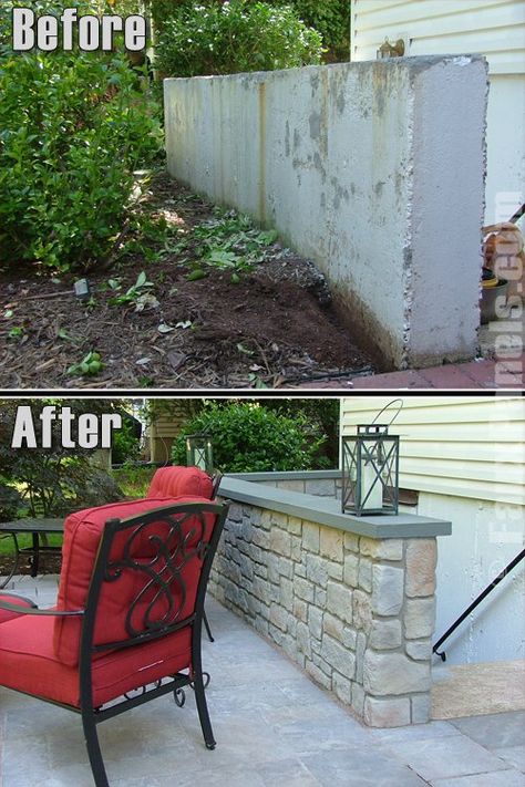 Before and after photo of a cement patio half wall remodeled with cobblestone panels. Cinderblock Wall Makeover Backyard, Cement Wall Ideas Outdoor, Basement Wall Panels, Half Wall Ideas, Basement Entrance, Concrete Retaining Walls, Cement Patio, Knee Wall, Stairs Makeover