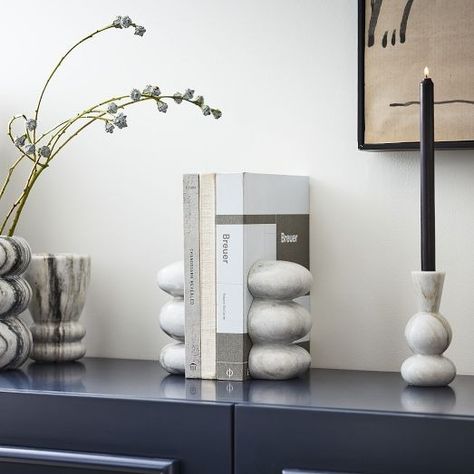 Bookends | Modern Bookends | West Elm Etagere Styling, Panda White Marble, Marble Bookends, Modern Home Accessories, Modern Bookends, Wood Guest Book Wedding, Wood And Marble, Floating Wall, Room Planner