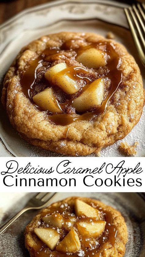 Warm, soft, and full of fall flavors, these Caramel Apple Cinnamon Cookies are a must-try! Perfectly spiced with caramel bits, they’re easy to make and great for sharing on crisp autumn days. Carmel Apple Cider Cookie Recipes, Cinnamon Apple Snickerdoodle Cookies, Caramel Apple Crumble Cookie, Gluten Free Caramel Apple Cookies, Cinnamon Caramel Cookies, Salted Caramel Cookies Crumbl, Easy Apple Cookies Recipes, Apple Christmas Cookies, Carnal Apple Bar