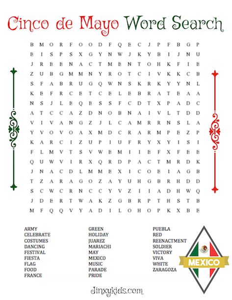 Help your kids learn about the history and traditions surrounding the Mexican holiday of Cinco de Mayo with this fun word find! Missions Craft, Cinco De Mayo Activities For Seniors, Cinco De Mayo Lesson Plans For Preschool, Party Games Adults, Cinco De Mayo Activities For Students, Mexican Party Games, Prek Cinco De Mayo, Cinco De Mayo Stem Activities, Cinco Party