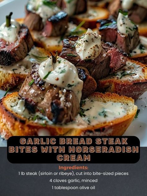 Heavenly Recipes Hub | Garlic Bread Steak Bites with Horseradish Cream | Facebook Steak Bite Appetizers, Steak Appetizers Appetizer Ideas, Garlic Bread Steak Bites, Garlic Bread Steak Bites With Horseradish Cream, Garlic Bread Steak Bites Tipsy Housewife, Steak Crostini Horseradish, Horseradish Cream Sauce, Breaded Steak, Steak Bites Recipe