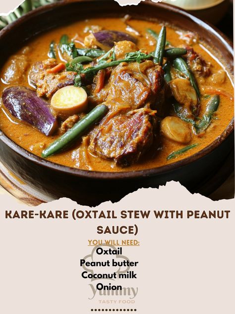 🥜 "Discover Kare-Kare—an oxtail stew in a rich peanut sauce that's a Filipino classic! 🍲🥜 #KareKare #FilipinoCuisine" Kare-Kare (Oxtail Stew with Peanut Sauce) Ingredients: Oxtail (1 kg, cut into chunks) Peanut butter (1/2 cup) Coconut milk (1 can, 400 ml) Onion (1, chopped) Garlic (4 cloves, minced) Bay leaves (2) Fish sauce (2 tbsp) Eggplant (1, sliced) String beans (200 g) Oil (2 tbsp) Salt and pepper (to taste) Instructions: Boil oxtail in water until tender, about 1.5 hours. Heat oil... Kare Kare Recipe, Sliced Eggplant, Oxtail Stew, Peanut Stew, String Beans, Kare Kare, Coconut Peanut Butter, Coconut Milk Recipes, String Bean