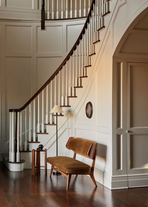 From Moody to Airy, Ursino Interiors Makes a Big Impact with a Neutral Palette - 1stDibs Introspective Ursino Interiors, Sitting Room Lights, Disc Interiors, Wooden Staircase, Suburban House, Oak Chair, Curved Staircase, Colorful Space, Entry Hall