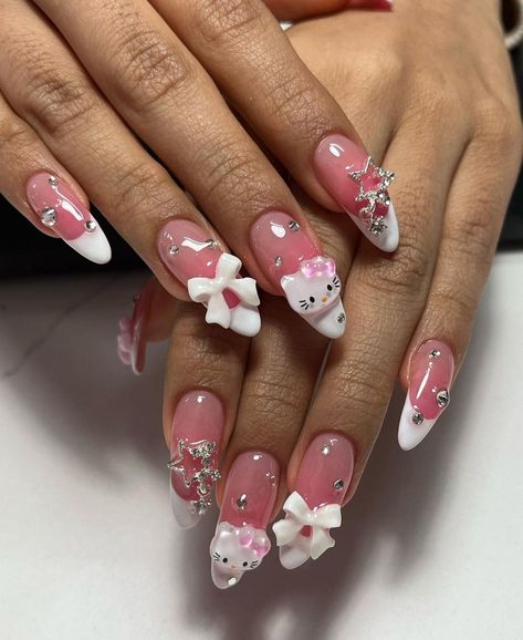 Fake Nails Designs, Pink Glitter Nails, Cute Simple Nails, Girly Acrylic Nails, Hello Kitty Nails, Blush Nails, Pretty Gel Nails, Really Cute Nails, Nail Tattoo