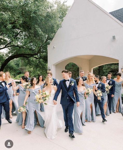 Blue Bridesmaid With Groomsmen, Dark Blue Groomsmen Suits Bridal Parties, Powder Blue Tuxedo Wedding, Blue Wedding Theme Bridal Party, Groomsmen Dark Blue Suit, Wedding Day Color Schemes, Groomsman Color Scheme, Blue Tux Wedding Color Schemes, Grey And Dusty Blue Groomsmen Attire