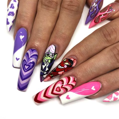 Nail Art Cartoon Characters, Power Puff Girls Nails, Animated Nails, Powerpuff Nails, Disney Villain Nails, Villain Nails, Nail Art Cartoon, Kid Nails, Scream Nails