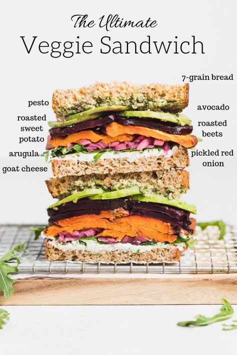 The Ultimate Veggie Sandwich - Danilicious Sweet Potato Pesto, Sourdough Sandwich Recipes, Beet Sandwich, Pesto Goat Cheese, Vegetable Sandwich, Pickled Red Onion, Healthy Sandwich, Veg Sandwich, Roasted Root Veggies