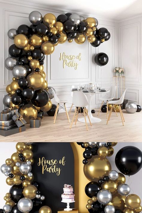 HOUSE OF PARTY Black, Gold and Silver Balloon Garland Kit 158 Pcs Black Grey Gold Party Decor, Black Gold Silver Party Decorations, Black And Gold Party Decorations, Black And Gold Balloons, Decoration Balloon, Black Confetti, Grad Party Decorations, Gold Confetti Balloons, Gold Party Decorations