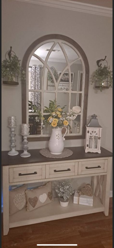 Decor On Entertainment Center, Living Room Side Board Ideas, Entryway Ideas Farmhouse, Dining Room Buffet Table Decor, Farmhouse Dinnerware Sets, Sofa Table Decor, Foyer Ideas Entryway, Modern Farmhouse Living Room Decor, Entry Table Decor