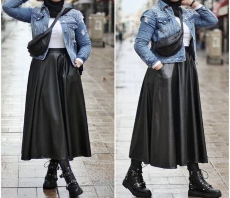 Leather Skirt Pleated, Hijab Fashion Outfits, Pleated Leather Skirt, Hijabista Fashion, Hijab Fashionista, Leather Pleated Skirt, Modest Fashion Hijab, Hijab Trends, Stylish Short Dresses