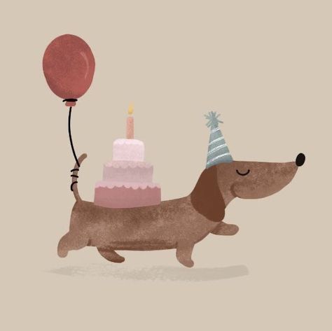 Dachshund Party, Dachshund Drawing, Dachshund Birthday, Happy Birthday Dog, Happy Birthday Art, Birthday Card Drawing, Birthday Illustration, Dog Birthday Card, Bday Cards