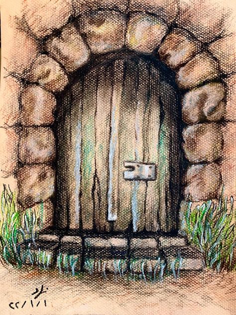 Wooden Door Drawing, Scary Door Drawing, Door To Another World Art, Fantasy Door Drawing, Old Door Drawing, Fairy Door Drawing, Door Drawing Ideas, Scary Door, Cottage Drawing