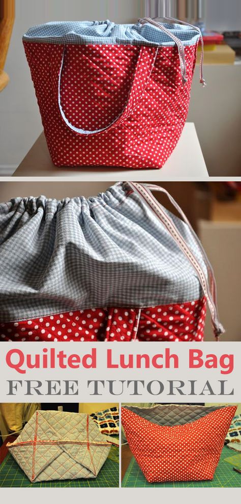 Quilted Lunch Bag Tutorial Lunch Box Sewing Pattern Free, Insulated Lunch Bag Pattern Free, Lunch Bag Pattern Free, Japanese Lunch Bag, Make A Drawstring Bag, Lunch Bag Tutorials, Drawstring Lunch Bag, Drawstring Bag Tutorial, Lunch Bags Pattern