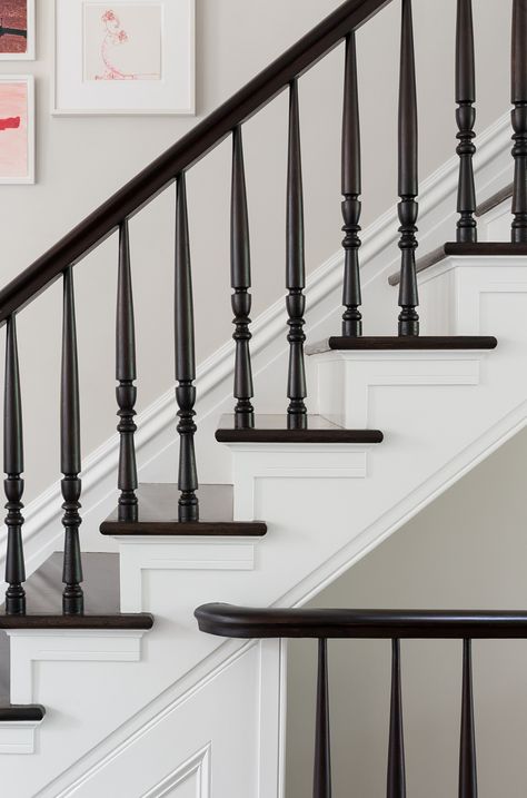 Newel Posts Ideas, Bannister Ideas, Black Painted Stairs, Victorian Staircase, Classic Staircase, Stair Railing Makeover, France House, Stair Balusters, Staircase Railing Design