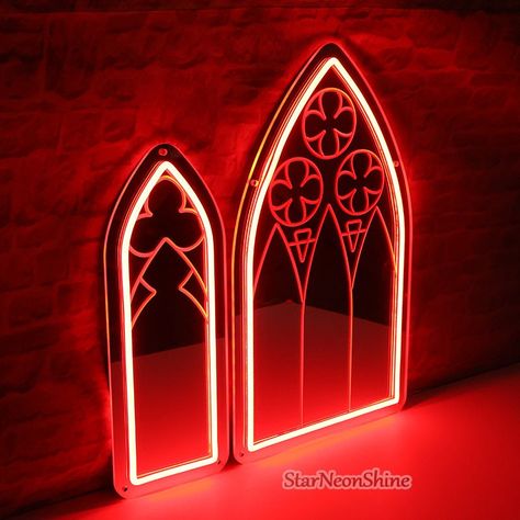 Enhance your decor with our Gothic Mirror Neon Sign, ideal for Victorian Gothic home styling. Perfect as a bedside decoration, it adds an enchanting, mysterious glow to your space. This unique piece is a great gift for goth enthusiasts, bringing a touch of dark elegance to any room. Neon and engraved gothic mirror neon sign! Neon Sign x 1 110-240 Volt Adapter x 1 Mounting pins x 1 set Dimmer Processing Time: The sign is ready to ship within 5-8 working days. Shipping takes approximately 5-10 day Witchy Red Aesthetic, Light Gothic Home Decor, Dark Gothic Interior, Goth Mirror Pics, Goth Vintage Decor, Coffin Yard Decoration, Retro Goth Decor, Goth Room Inspiration, Red Goth Bedroom