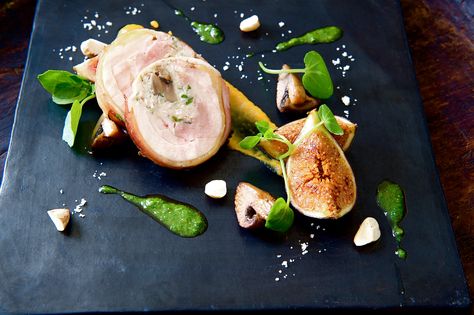 Chicken and mushroom ballotine with pan roasted figs and crusted cobnuts - The British Larder ! Chicken Ballotine, Roasted Figs, Chicken And Mushroom, Meat Appetizers, Fine Dining Recipes, Sauteed Mushrooms, Vegan Appetizers, Avocado Egg, Roasting Pan