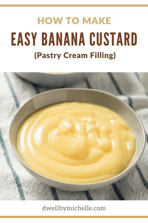 This easy Banana Custard recipe is super quick to make and is seriously SO GOOD. A foolproof banana custard recipe that is delicious served on its own, or used as a pie, tart, cake, and pastry filling. Banana Custard Filling, Banana Custard Pie Recipe, Doughnuts Filling Recipe, Banana Cake Filling Recipe, Banana Ganache Recipe, Banana Cream Recipes, How To Make Custard Filling, Banana Filling For Cake, Custard Filling For Cake