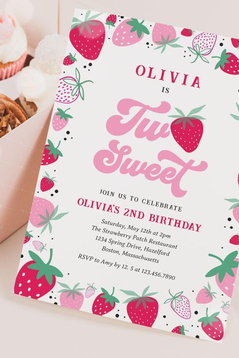 Strawberry Birthday Two Sweet Berry Birthday Party Invitation Berry Birthday Party, Strawberry Birthday Party, Berry Birthday, Strawberry Birthday, Strawberry Party, Strawberry Patch, 2nd Birthday Invitations, Two Sweet, Birthday Party Invitation