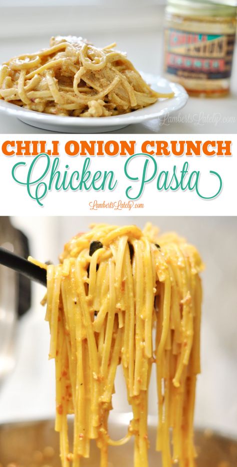 Trader Joe's Chili Onion Crunch Chicken Pasta (in the Instant Pot!) | Lamberts Lately Onion Crunch Chicken, Pasta In The Instant Pot, Trader Joes Recipes Dinner, Chili Onion Crunch, Trader Joes Meal Planning, Trader Joes Recipes Healthy, Trader Joes Food, Crunch Recipe, Joe Recipe