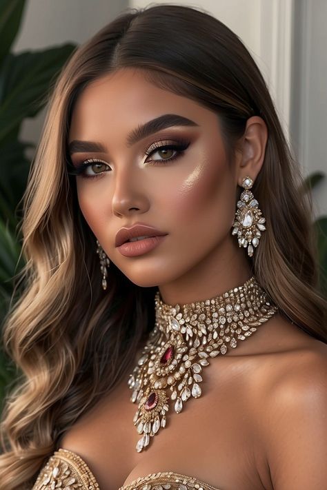 High Glam Makeup, Makeup Ideas Wedding Guest, Dance Comp Makeup, Glam Birthday Makeup Looks, Makeup Looks For Wedding Guest, Gold Dress Makeup, Makeup Elegante, Makeup Looks Full Face, Prom Night Makeup