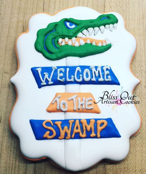 “Welcome to the Swamp!” Cookies University of Florida Cookies Gator Cookies Congratulations Cookies Gator Cookies, Florida Cookies, Congratulations Cookies, Artisan Cookies, Football Cookies, One Smart Cookie, Smart Cookie, University Of Florida, Sugar Cookies Decorated