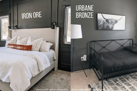 Urbane Bronze Review and Dupes (It Goes With Literally Everything!) SW 7048 - Mod & Mood Sw Urbane Bronze Accent Walls, Sherwin Williams Urbane Bronze, Urbane Bronze Sherwin Williams, Bronze Bedroom, Urbane Bronze, Lake Houses Exterior, Shoji White, Dark Home Decor, Real Homes