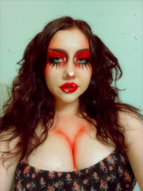 drag makeup inspo, editorial makeup Red Face Makeup Halloween, Spooky Drag Makeup, Drag Inspo Outfit, Soft Drag Makeup, Halloween Drag Makeup, Rocky Horror Makeup Ideas, Red Drag Makeup, Easy Drag Makeup, Queer Disco