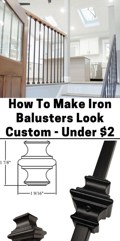 How to update a staircase with black iron balusters for under $2! Check out this dated staircase and see how we modernized the stairway with 2 products. Click through to blog post for full tutorial, before and after and a list of product links. Black Balusters Stairs, Iron Stair Spindles, Stairway Decor, Iron Stair Balusters, Black Stair Railing, How To Make Iron, Stairway Ideas, Stair Railing Makeover, Stairway Wall