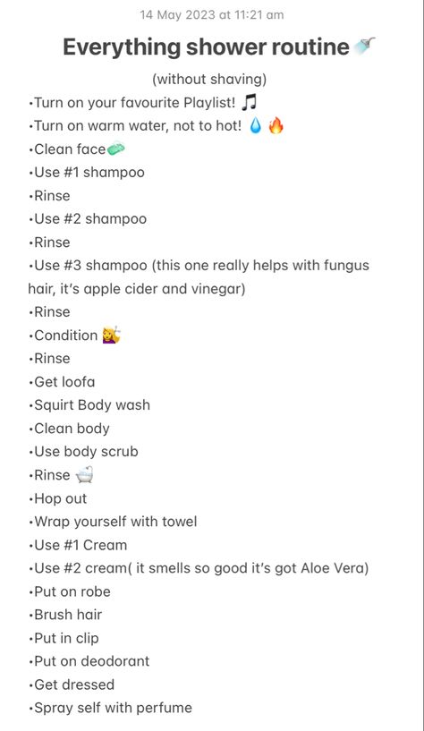 Full Shower Routine Checklist, Self Care Shower Routine List, Shower Routine Notes, Clean Girl Lifestyle Tips, Everything Shower List Of Things To Do, Glow Up Shower Routine, Everything Shower Routine In Order, Wonyoungism Shower Routine, How To Shower Properly To Smell Good