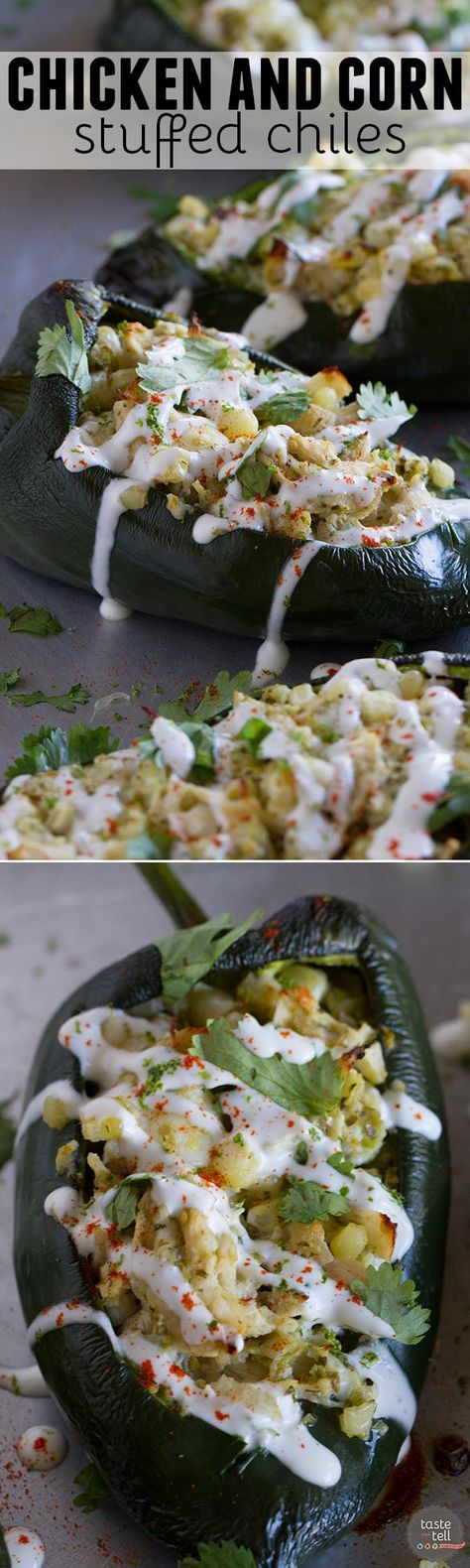 Flavor explosion! These Chicken and Corn Stuffed Chiles are packed with flavor - chicken, corn, cheese and salsa all inside a mild poblano pepper. Don’t skip the lime cream! Cilantro Marinade, Chicken And Corn, Green Lightning, Taste And Tell, Verde Chicken, Poblano Pepper, Corn Cheese, Chicken Corn, Lime Cream